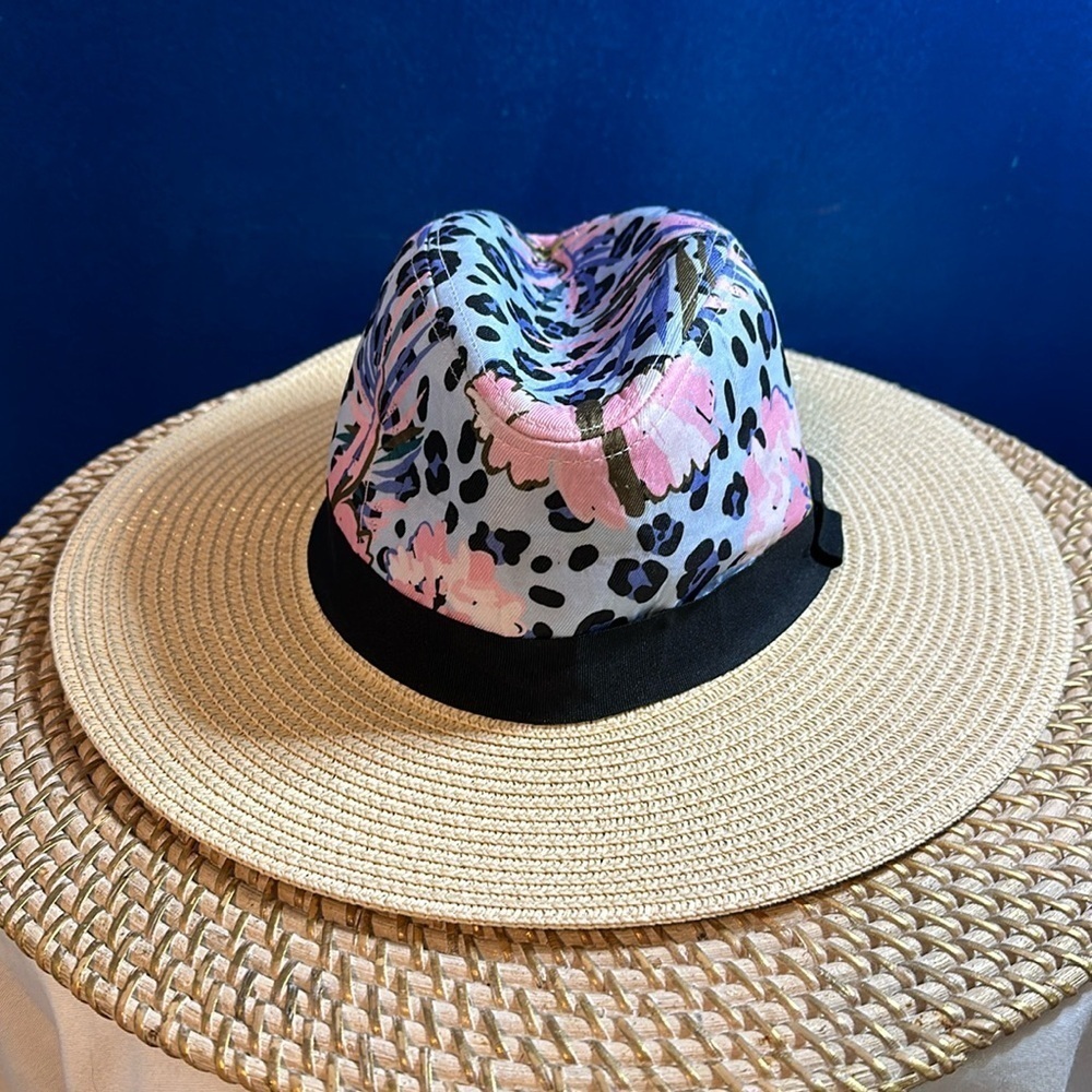 New Lucky 7 Blue & Pink Floral Animal Print Black  Ribbon Wide Brim Sun Hat